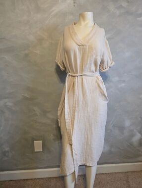 Magaschoni Organic Cotton Gauze V-neck Midi Dress Cream Womens S Loose Relaxed